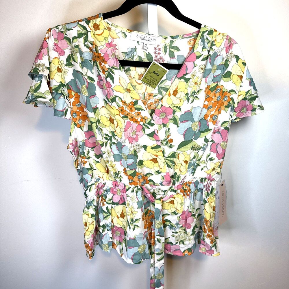 Sweet Rain Floral Peplum Top XL Fitted Waist Flutter Sleeve Belt Spring Fairy